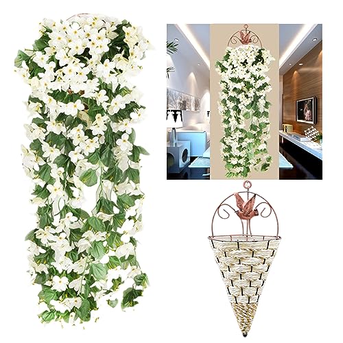 Zodors 2PCS 85CM Kunstpflanze Hängend Weiß Blüten Wie Echt Weiß Kunstblumen mit 1 PCS Hängende Seilkorb Dekorationfür Büro Zuhause Dekoration Hausgarten Party Hochzeit von Zodors