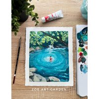 Original Gouache-Gemälde Blauer Teich Sommer Landschaft, 8x10 Nature Art von ZoeArtGarden