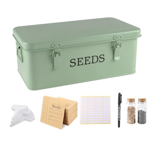 Saatgut Aufbewahrungsbox mit Schloss – Metall Samen Organizer mit 4 Fächern & Zubehör – inkl. 12 Röhrchen, 30 Umschläge, 20 Etiketten & 1 Stift – Garten Geschenkbox Vintage Grün für Hobbygärtner von ZoeQide