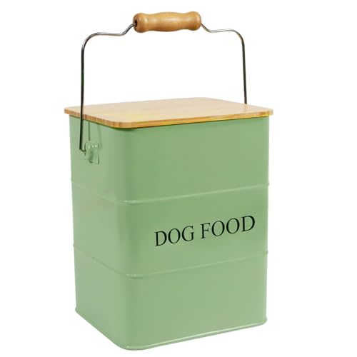ZoeQide Hundefutter Aufbewahrungsbox Metall 6L – Futterbehälter Hund mit Holzdeckel, Griff & Schaufel – Luftdichte Vorratsdose für Trockenfutter & Snacks – Leckerli Box Armeegrün von ZoeQide