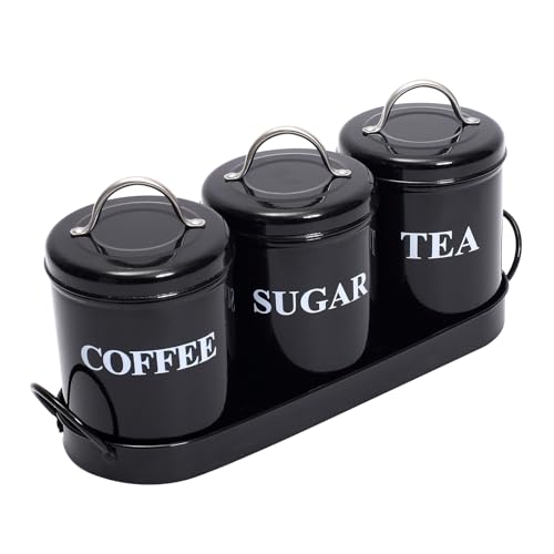 ZoeQide Kaffeepulver,Tee, Zucker behälter - 3 Stück Metall Vorratsdosen-Set mit Metallschale, für Aufbewahrungsbehälter trockene Lebensmittel für Tee, Kaffee und Zucker, Schwarz von ZoeQide