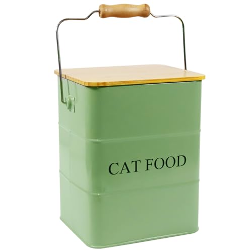 ZoeQide Katzenfutter Aufbewahrungsbox Metall 6L – Futterbehälter Katze mit Holzdeckel, Griff, Schaufel & Messbecher – Luftdichte Vorratsdose für Snacks – Leckerli Box Armeegrün von ZoeQide