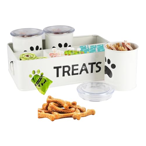 ZoeQide Leckerli Dose Hund - Tierfutterbehälter mit 3 Vorratsglas Hundefutter Behälter Multifunktion Futterbehälter Hund Speicherbehälter für Hund Katze Snacks Kekse 31×21×9cm (weiß) von ZoeQide