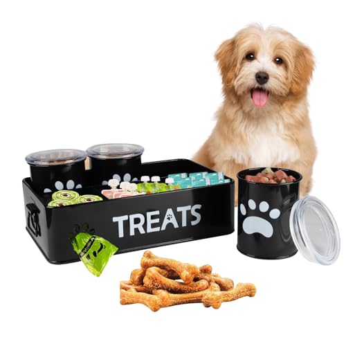 ZoeQide Leckerli Dose Hund - Tierfutterbehälter mit 3 Vorratsglas Hundefutter Behälter Multifunktion Futterbehälter Hund Speicherbehälter für Hund Katze Snacks Kekse 36 x 22,5 x 17cm (Schwarz) von ZoeQide