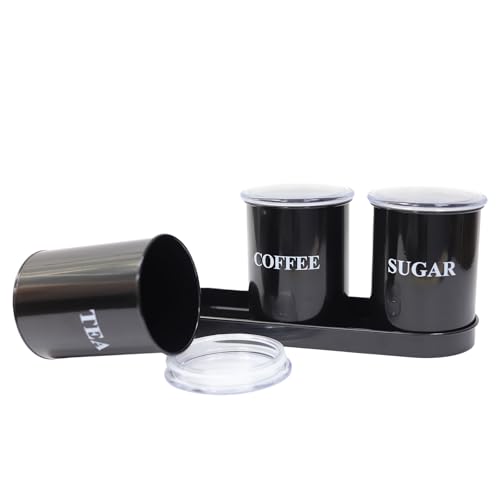 ZoeQide Vorratsdosen Küche Set 3-teilig – Kaffeedose luftdicht, Zuckerdose & Teedose mit Deckel – Vorratsbehälter Set Metall Schwarz mit Tablett, Retro Design für Arbeitsplatte Küche Regal von ZoeQide