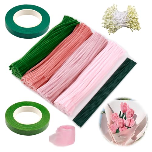 Pfeifenreiniger Blumen Set, 400 Stück Pfeifenputzer zum Basteln Tulpe Blumenstrauß Pfeifenputzer Set Pfeifenreiniger zum Basteln mit Blumendraht Schleifenband für Blumenstrauß DIY von ZoeWei
