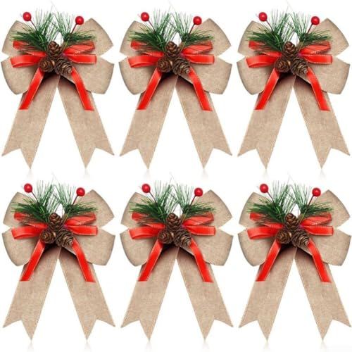 Holiday Ribbon Decoration Pack of 6 Bows with Pine Cones and Pine Needles for Seasonal Tree and Wreath Use (Yellow Linen) von Zoegneer