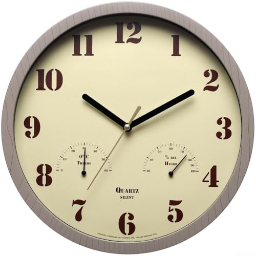 Outdoor-Wanduhr mit nicht tickendem Quarzwerk, Thermometer und Hygrometer zur Verfolgung des Wetterzustands im Garten oder auf der Veranda (gelb) von Zoegneer