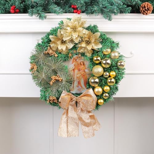 Saisonaler LED-Kranz mit roter Schleife für Tür und Fenster, mit starkem Kunststoff- und Drahtrahmen (E-30 cm) von Zoegneer