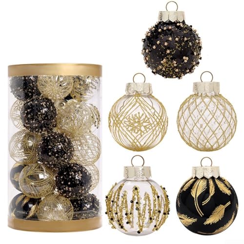 Zoegneer 25 Stück Weihnachtskugeln zum Aufhängen Weihnachtskugeln für Weihnachtsbaum Feiertage Zuhause Xmas Party Dekoration (Schwarz Gold) von Zoegneer
