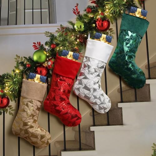 Zoegneer 4 große Weihnachtsstrümpfe, glitzernde Strümpfe, Samt, Weihnachtsstrümpfe, groß, 50 cm, mit geometrischem Muster, für Kamin, Kamin, Baum, Urlaub, Dekoration, Süßigkeiten von Zoegneer