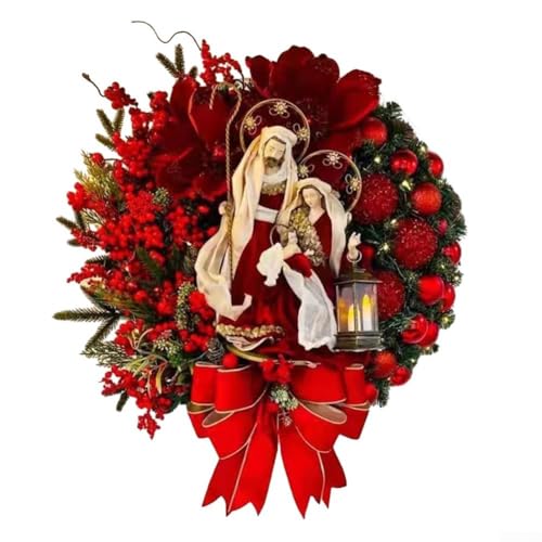 Zoegneer Eleganter Weihnachtskranz, künstlicher beleuchteter Jesus-Kranz mit roten Beeren, für Feiern, Festivals, Dekor (1) von Zoegneer