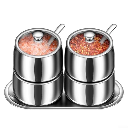 Zoegneer Gewürzbehälter-Set mit 4 Fächern, 304 Edelstahl, mit Glasdeckel, Löffeln und Tablett, rostbeständige Gewürzgläser für Zucker, Salz, Pfeffer und Küchenaufbewahrung von Zoegneer