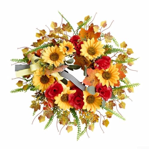 Zoegneer Künstlicher Herbstkranz mit Sonnenblumen und Laub für Haustür, Wand, Fenster oder Veranda, saisonale Dekoration, Erntefest und Thanksgiving Heimdekoration von Zoegneer