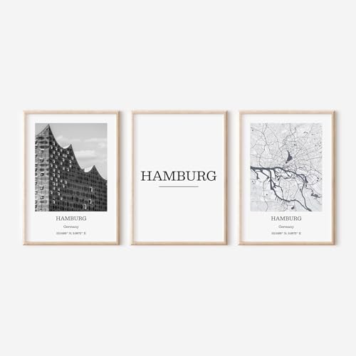 ZoeyAustin® 3er Poster Set, City Poster, Stadt Poster DIN A3 (30cm x 42cm), Minamalist Modern Wanddeko, Wohnzimmer Schlafzimmer Deko, Schwarz-Weiß (Hamburg) von Zoey Austin