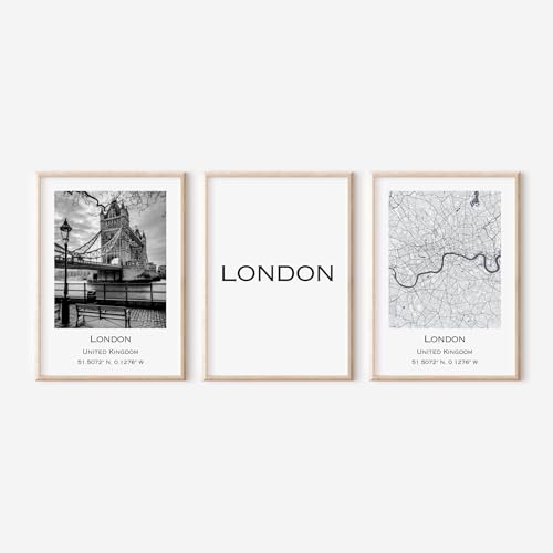 ZoeyAustin® 3er Poster Set, City Poster, Stadt Poster DIN A3 (30cm x 42cm), Minamalist Modern Wanddeko, Wohnzimmer Schlafzimmer Deko, Schwarz-Weiß (London) von Zoey Austin