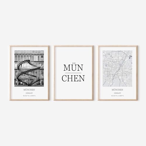 ZoeyAustin® 3er Poster Set, City Poster, Stadt Poster DIN A3 (30cm x 42cm), Minamalist Modern Wanddeko, Wohnzimmer Schlafzimmer Deko, Schwarz-Weiß (Munich) von Zoey Austin