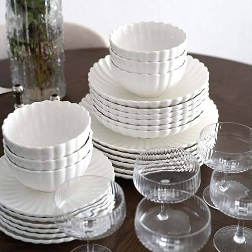 Zoha Lotus Tellerset 12 Personen – modernes Tafelservice 48-teilig – stilvolles Porzellan Teller Set 12 Personen – elegantes Teller-Set in edlem Weiß – spülmaschinengeeignet & mikrowellenfest von Zoha