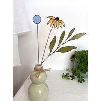 Bouquet-Set Von 3 Stielen-Schwarze Augen Susan, Globe Distel, Salbei, Buntglas Blumenstrauß, Ewige Glasblumen, Fenster Suncatcher von ZokaKurylov