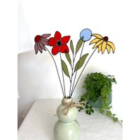 Bouquet-Set Von 5 Stielen-Rote Anemone, Schwarze Augen Susan, Echinacea, Kugeldistel, Salbei, Buntglas-Bouquet, Immerwährende Buntglasblumen von ZokaKurylov