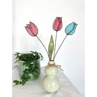 Bouquet Von 3 Stielen-Rosa & Blaue Tulpen, Buntglas Tulpen Bouquet, Buntglas Blumen, Ewige Blumenstrauß, Rosa Tulpe von ZokaKurylov