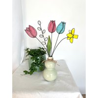 Frühlingsstrauß Von 5 Stielen, Buntglas-Tulpen-Bouquet, Buntglas-Blumen, Immerwährende Blumen, Rosa Tulpe, Narzisse, Weidenkätzchen von ZokaKurylov