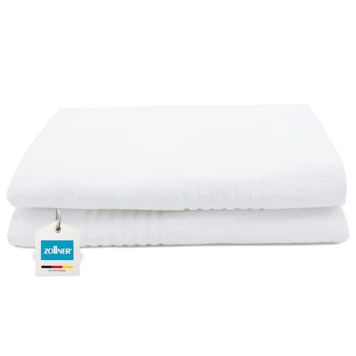 ZOLLNER 2er Set Saunatücher in 70x180 cm - saugstarke Handtücher in weiß - mit praktischem Aufhänger - mit edler Streifenbordüre - waschbar bis 95°C - Baumwolle - Hotelqualität von ZOLLNER