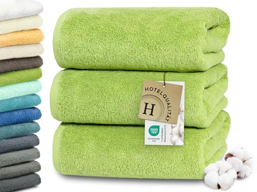 ZOLLNER 3er Set Duschtücher in 70x140 cm - besonders weiche und saugstarke Handtücher in grün - mit praktischem Aufhänger - waschbar bis 95°C - Baumwolle - Hotelqualität von ZOLLNER
