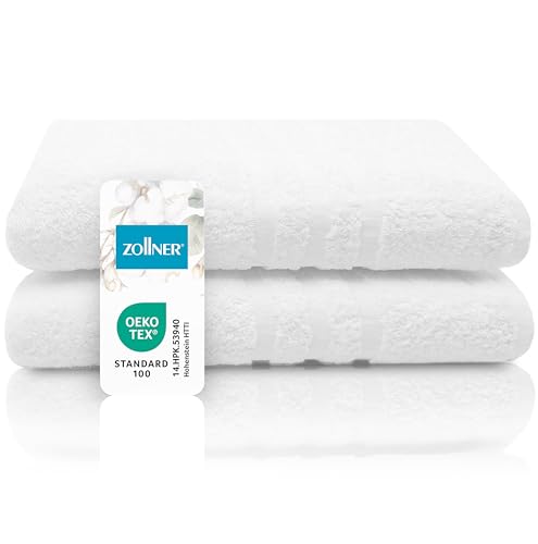 ZOLLNER 2er Set Badehandtücher in 100x150 cm - Flauschige Badetücher aus Baumwolle - mit moderner Streifenbordüre - waschbar bis 95°C - mit praktischem Aufhänger - in weiß - Hotelqualität von ZOLLNER