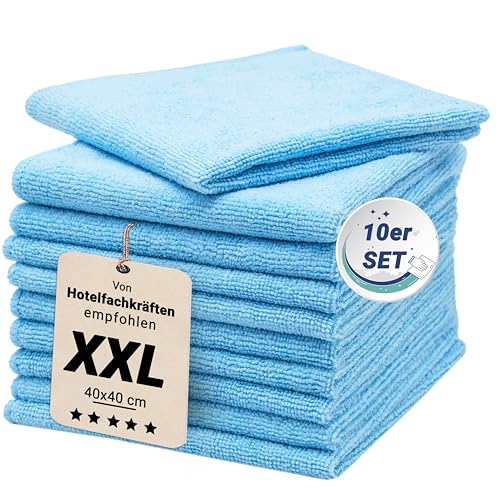 ZOLLNER 10er Set Mikrofasertücher für streifenfreien Glanz - flusenfreie und saugstarke Reinigungstücher - waschbar bis 60°C - 40x40cm in hellblau - Hotelqualität von ZOLLNER
