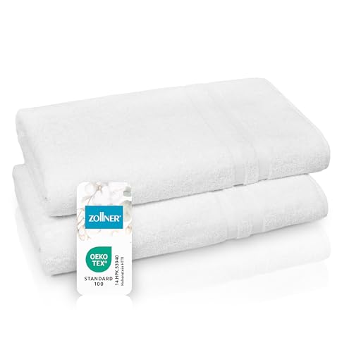 ZOLLNER 2er Set Saunatücher in 70x180 cm - Flauschige Handtücher aus Baumwolle - mit moderner Streifenbordüre - waschbar bis 95°C - mit praktischem Aufhänger - in weiß - Hotelqualität von ZOLLNER