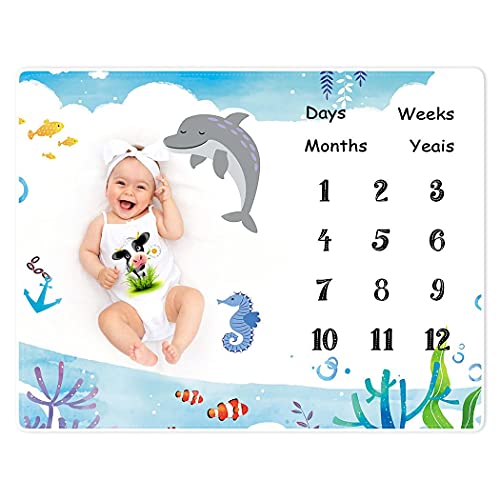 Baby Meilenstein Decke für Junge und Mädchen Unisex Monatsdecke Baby Deutsch Fotodecke mit Delfin und Hippocampus,Weiß,100 x 125 cm von Zomer