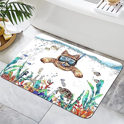 Zomer Badematte rutschfest 40x60cm Badezimmerteppich Mikrofaser Badteppich schnelltrocknende Badematten, für Badewanne Dusche Home Badezimmer, mit Meerestiere Katze von Zomer