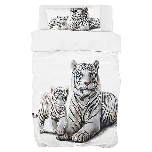 Zomer Bettwäsche 135 x 200 cm Weißer Tiger Motiv Bettbezug Set 2teilig Weich Mikrofaser Bettwäsche Deckenbezug - 1 Flauschige Bettbezug und 1 Kissenbezug 80x80cm von Zomer