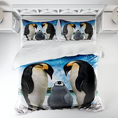 Zomer Bettwäsche Set 200x200 Bettwäsche 3tlg Weich Mikrofaser Bettbezug - 1 Bettdeckenbezug + 2 Kissenbezug 80x80cm mit Pinguinfamilie von Zomer