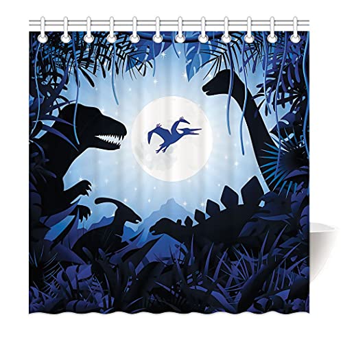 Zomer Duschvorhang Textil Waschbar Anti-Schimmel Badezimmer Badewanne Vorhang Bedruckt mit Dinosaurier Silhouette,Blau,180 x 200 cm von Zomer