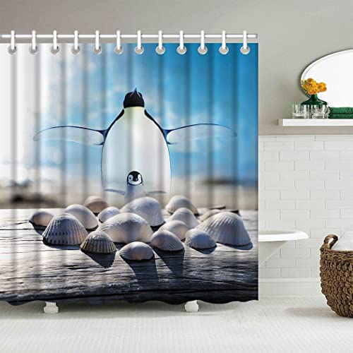 Zomer Duschvorhang für Badezimmer 120x180cm,Badevorhang Schnell Trocknend & Waschbar mit 12 Haken-Pinguin,Muschel von Zomer