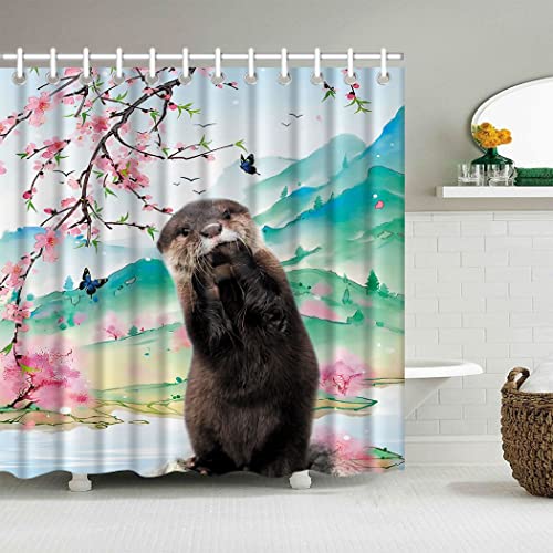 Zomer Duschvorhang für Badezimmer 160x180cm,Badevorhang Schnell Trocknend & Waschbar mit 12 Haken-Süßer Otter,Kirschblüte von Zomer