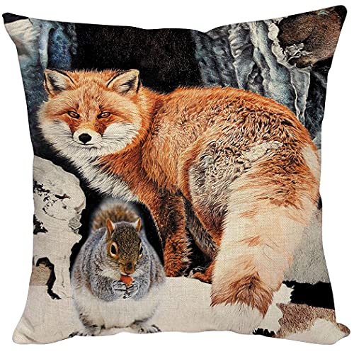 Zomer Kissenbezug 40x40 cm Bedruckter Dekorative Kissenhülle Baumwolle Leinen Sie Kissenbezüge für Sofa Auto Terrasse Fuchs und Eichhörnchen von Zomer