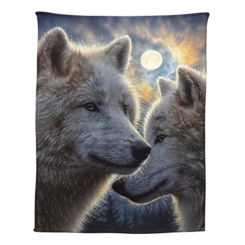 Zomer Kuscheldecke 150x200 cm Gemusterte Decke Weiche Warme Decke als Wohndecke Schlafdecke Tagesdecke oder Sofadecke mit Mondlicht und Wolf von Zomer