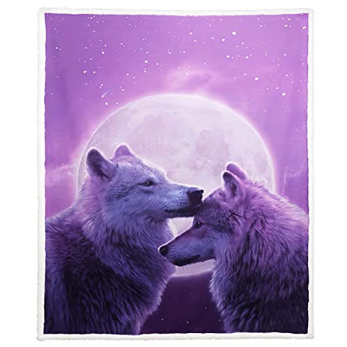 Zomer Sherpa Decke 125 x 150 cm Kuscheldecke Flauschige Wohndecken Mikrofaser Superweiche warme für Winter Fleece Couchdecke/Sofadecke TV-Decke mit Purple Moonlight und Wolf Motiv von Zomer