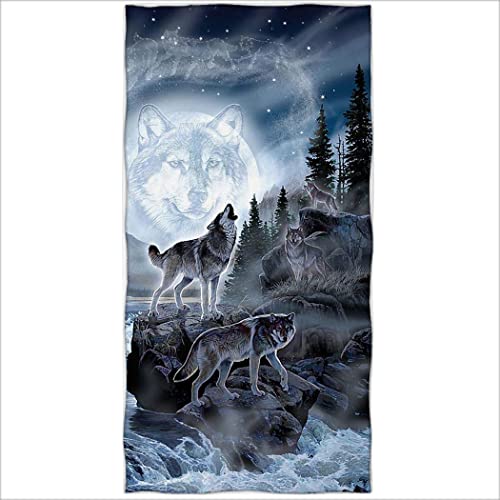 Zomer Strandtuch 70x140cm,Bedrucktes Mikrofaser Badetuch-Mond Wolf Wald von Zomer