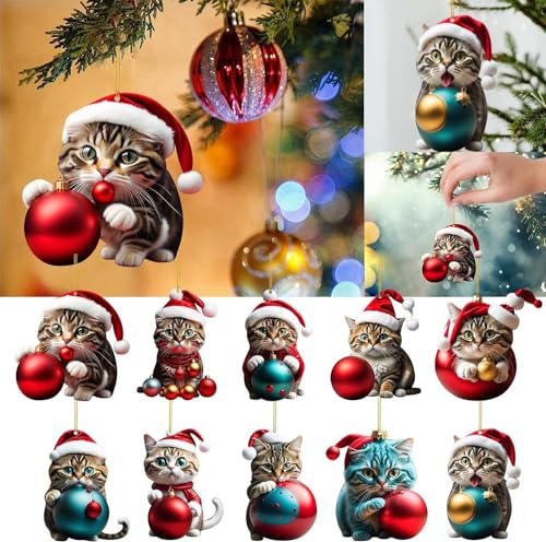 Zomtier 10 Stück Katzen Weihnachtsbaumschmuck Weihnachten Baumschmuck 3D Acryl Weihnachtskatze Deko Lustiger Christbaumschmuck Weihnachtsanhänger Deko (Katzen) von Zomtier