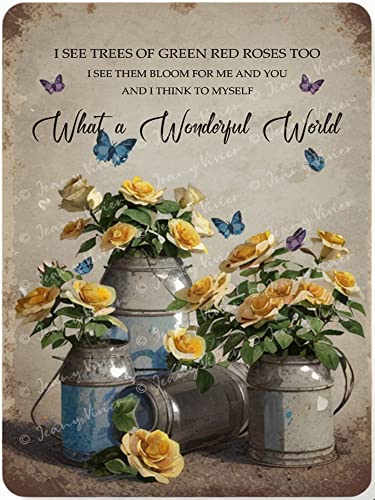 Libelle "What A Wonderful World Flowers" Lustiges Metall-Blechschild Wanddekoration I See Trees of Green Red Rose Too Retro-Blechschild Vase Blumen Poster Plakette Eingang Dekor Galerie Wandschilder von Zomyto