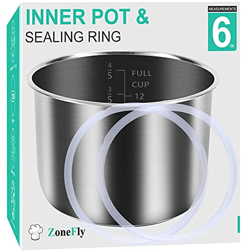 Innentopf für Instant Pot 6 Qt, mit 2er-Pack 100% Silikon Dichtungsring Ersatztopf für InstaPot Kochtopf Edelstahl (entspricht IP-POT-SS304-60) Antihaft-Topf für IP-DUO, LUX, CSG 6Qt von ZoneFly