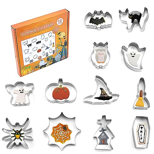 Halloween Ausstechformen set, ZoneYan 12-Teiliges Halloween Keksausstecher aus Edelstahl für Geist, Kürbis, Fledermaus, Hexenhut, Katze, Eule, Sarg, Spinne, Spinnennetz Halloween Deko von ZoneYan