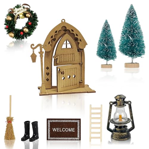 ZoneYan Wichteltür Weihnachten Set, Wichteltür Nissedor mit 9 Zubehör, Weihnachtswichtel Tür, Weihnachtsdeko Elfentür, Miniatur Wichtel Zubehör mit Licht, Stiefel, Kranz, Holzleiter, Wichtelbesen von ZoneYan