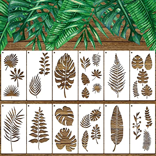 12 Stück tropische Blatt-Schablonen, Farnblatt, Monstera, Palmblatt, Schildkröte, Blatt, Wandschablone, Botanische Blätter, wiederverwendbare Schablonen Set für Möbel, Basteln, DIY (15.2 x 30.5 cm) von Zonon