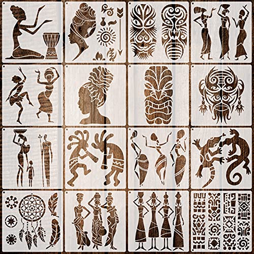 16 Stück afrikanische Tribal Schablonen Kongo Maske Schablone Tribal Gesichter Schablone afrikanische Schablone Vorlage Tribal Wandmalerei Schablone und Metall Offener Ring zum Malen auf Holz von Zonon