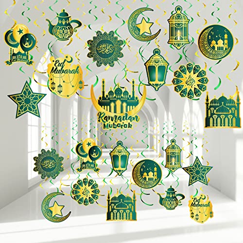 30 Stück Ramadan Mubarak Wirbel Deko Leuchtender Eid Mubarak Hängender Wirbel Gold Stern Mond Laterne Deckenfolie Eid Ramadan Wirbel ür Eid Al-Fitr Ägyptische (Dunkelgrün und Gold) von Zonon